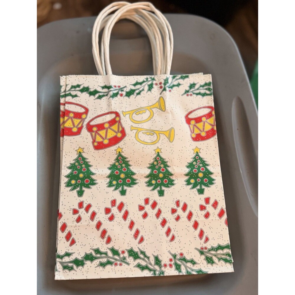 5 Vintage 1990s Christmas Gift Bags Holly Berry Candy Cane Drums Crystal Tissue